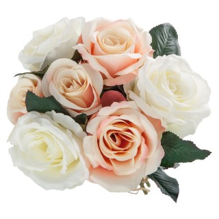 Bouquet de 7 Roses vieillies - H. 30 cm - Blanc et rose