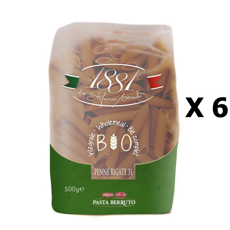 Lot 6x Pâtes Bio italienne blé complet Penne n°31 - 1881 Pasta Berruto - paquet 500g