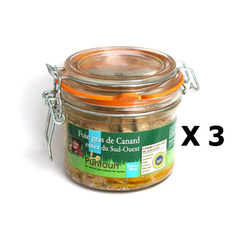 Lot 3x Foie gras de canard entier du Sud Ouest IGP - La Ferme du Puntoun - bocal : 300g