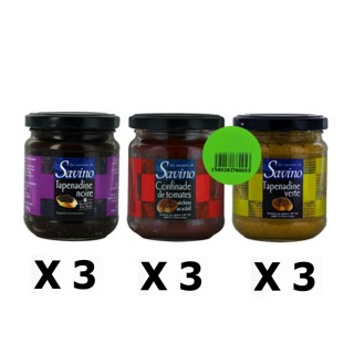 Lot 3x Lot 3x180g - Tapenadine noire + Tapenadine verte + Confinade de tomates - Les Saveurs de Savino