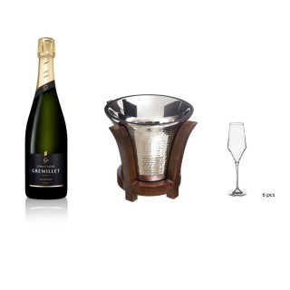 Lot Seau à Champagne design bois lodge, 6 flûtes à Champagne et Champagne Gremillet bouteille 75cl - 3 produits