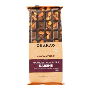Chocolat Noir Amandes, Noisettes, Raisins - Okakao - tablette 180g