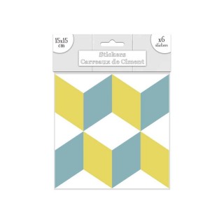 6 Stickers carreaux de ciment - 15 x 15 cm - Bleu et jaune