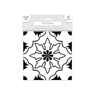 6 Stickers carreaux de ciment - 15 x 15 cm - Noir et blanc