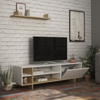 Meuble TV Stockton 160 cm - Blanc et Bois naturel