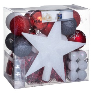Kit déco pour sapin de Noël - 44 Pièces - Blanc, rouge, gris foncé et argenté