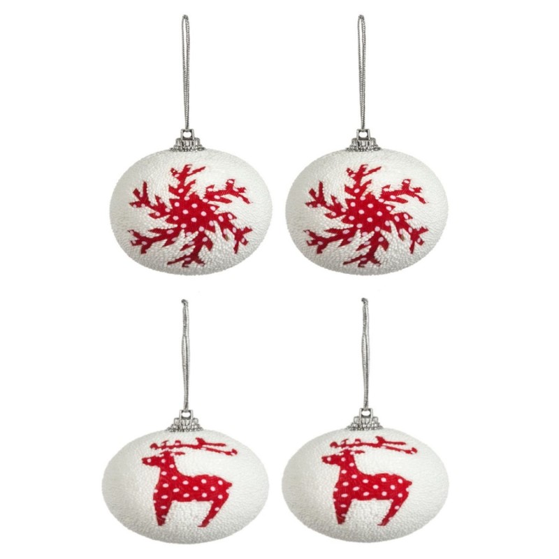4 Boules de Noël design flocon et renne Jeanne - Rouge et blanc