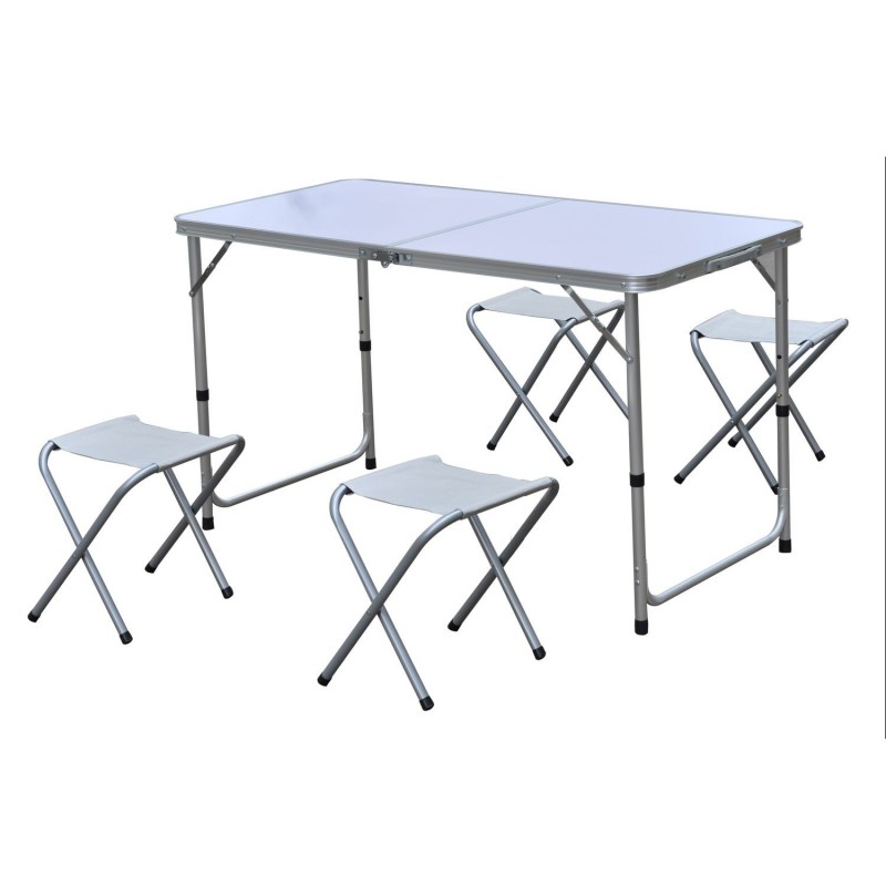 Table de camping pliable en aluminium avec 4 tabourets bleu gris