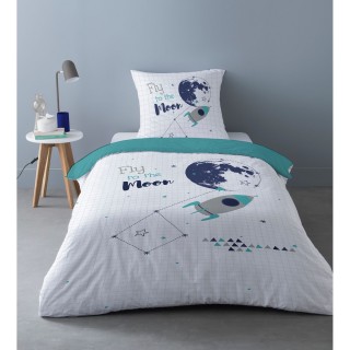 Parure de lit enfant design Captain Spacey - 100% Coton - 140 x 200 cm - Blanc