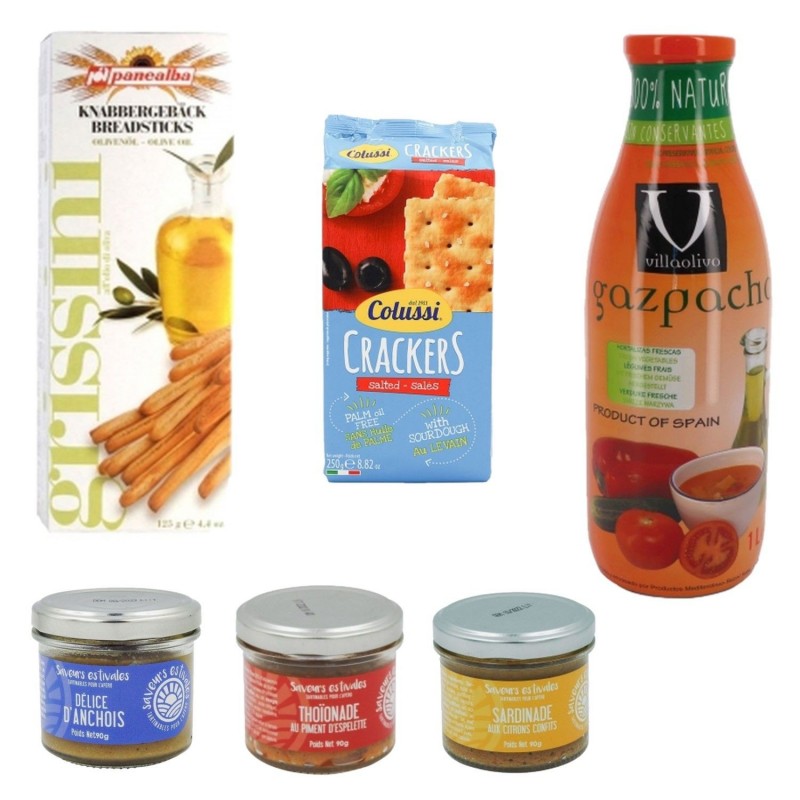 Assortiment spécial apéro : tartinables, gaspacho, crackers Assortiment spécial apéro : tartinables, gaspacho, crackers