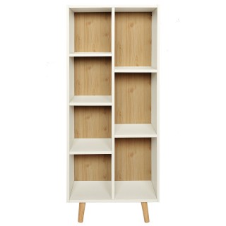Bibliothèque Suzanne avec 7 niches de rangement en MDF et bois de Hêtre - Blanc et beige