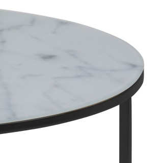 Table basse Alysé ronde en verre effet marbre - Diam. 80 cm - Blanc et Noir