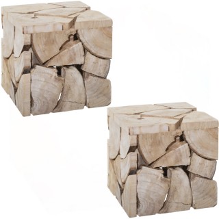 Lot de 2 Tabourets poufs carrés en MDF effet rondins de bois - Hauteur 30 cm - Marron