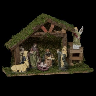 Crèche de Noël en bois et ses 8 santons en porcelaine