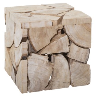 Tabouret pouf carré en MDF effet rondins de bois - Hauteur 30 cm - Marron