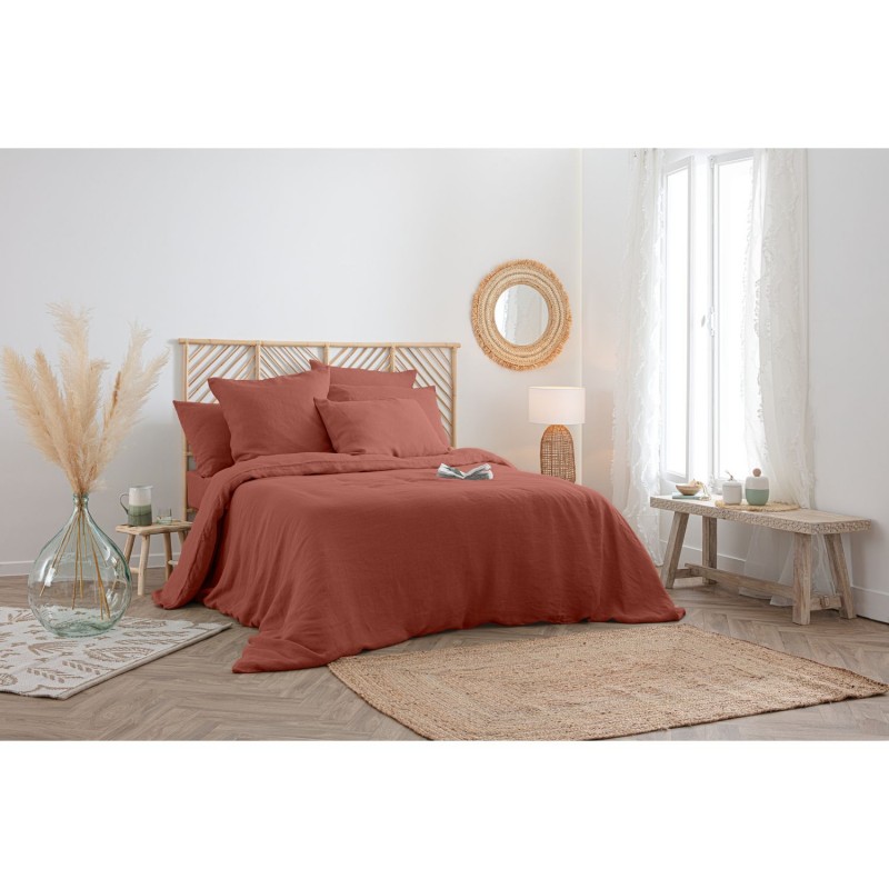 Housse de couette 2 places en lin 260x240 - Terracotta