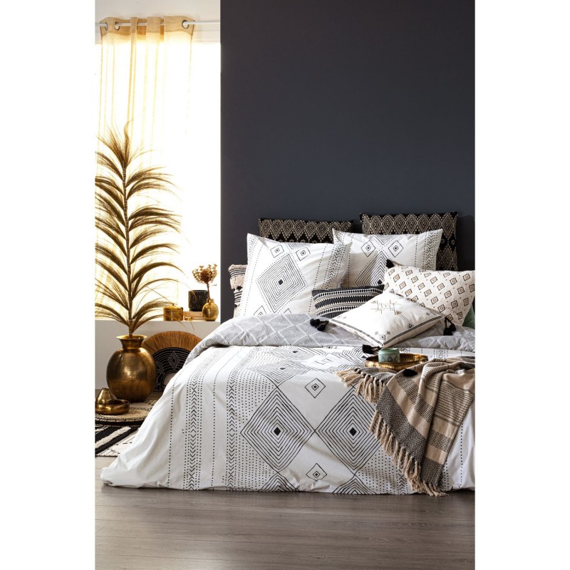 Parure de lit 2 places en coton imprimé Oasis - 260x240 cm - Beige et noir