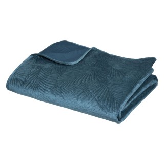 Dessus de lit en polyester, effet velours, broderies feuilles - 260x240 cm - Bleu Canard