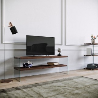 Meuble TV en bois de pin massif et structure en verre 1 étagère - L.120cm x H.45cm - Marron foncé