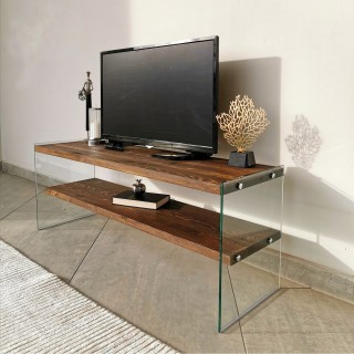 Meuble TV avec 2 étagères en bois de pin et sa structure en verre L.120cm x H.45cm - Marron clair