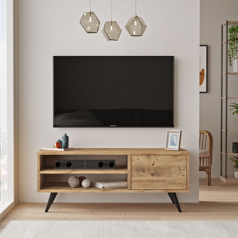 Meuble TV avec 2 niches de rangement ouvertes et une porte abattante en panneaux de particules - Beige