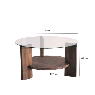 Table basse ronde en verre et panneaux de particules - Diam. 75cm H. 40cm - Marron