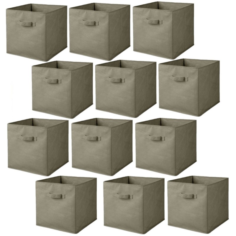 Lot de 12 cubes de rangement pliables en tissus avec poignée - 30x30x30cm - Taupe