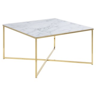 Table d'appoint effet marbre en verre et métal - L.80cm - Doré et blanc