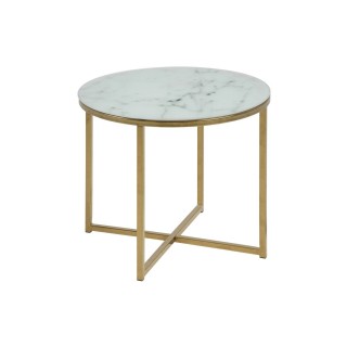 Table à café ronde effet marbre en verre et métal - Diam. 50 cm x H. 42 cm - Doré et blanc