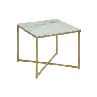 Table à café carrée effet marbre en verre et métal - L. 50 cm x H. 42 cm - Doré et blanc