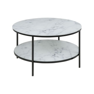 Table basse ronde effet marbre en verre et métal 2 niveaux - L.80 cm x H. 45 cm - Noir et blanc