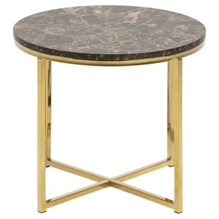 Table d'appoint ronde effet marbre en verre et métal - Diam. 50 cm x H. 42,7 cm - Doré et marron