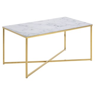 Table basse rectangulaire effet marbre en verre et métal - L.90 cm x H. 45 cm - Doré et blanc