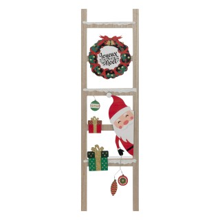 Pancarte échelle Joyeux Noël en bois avec Père Noël et couronne - H 65 cm
