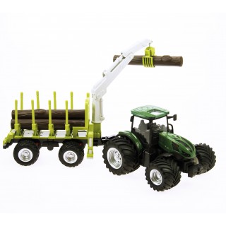Tracteur 1:24 coque acier avec remorque forestière et 3 rondins de bois