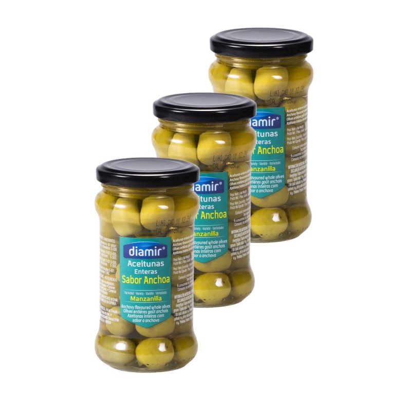 Lot 3x Olive verte entière goût anchois - Bocal 300g