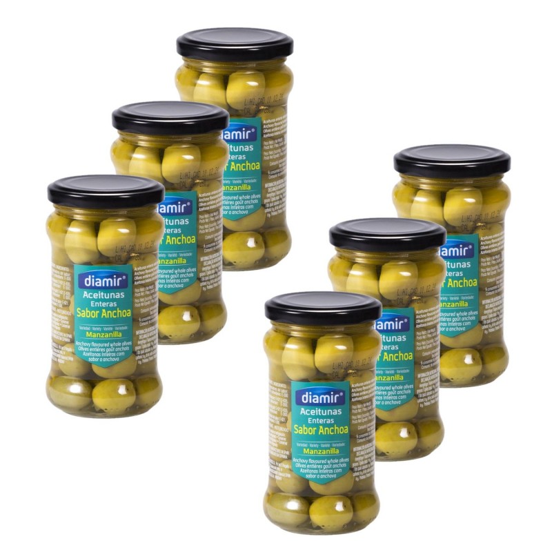 Lot 6x Olive verte entière goût anchois - Bocal 300g