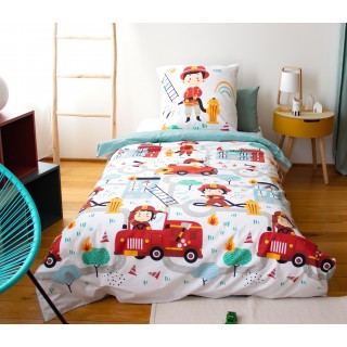 Parure de lit enfant Pompier - 100% coton adouci 57 fils - 140 x 200 cm