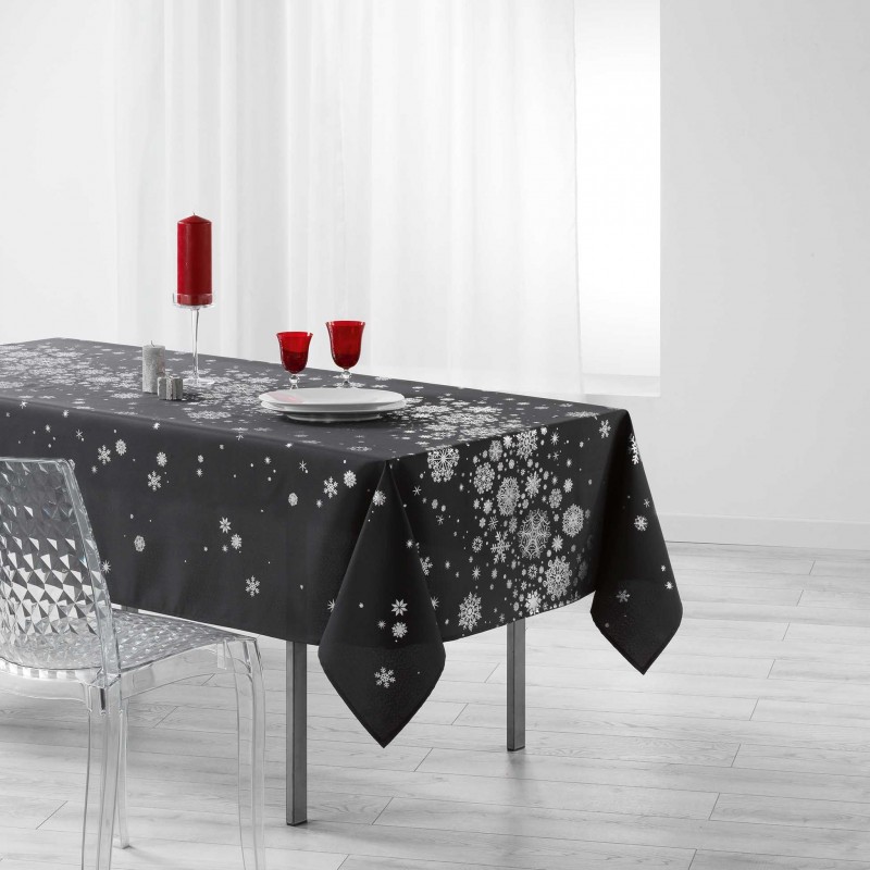 Nappe rectangulaire antitache et infroissable imprimé Flocons - L. 150 x l. 240 cm - Anthracite et argent