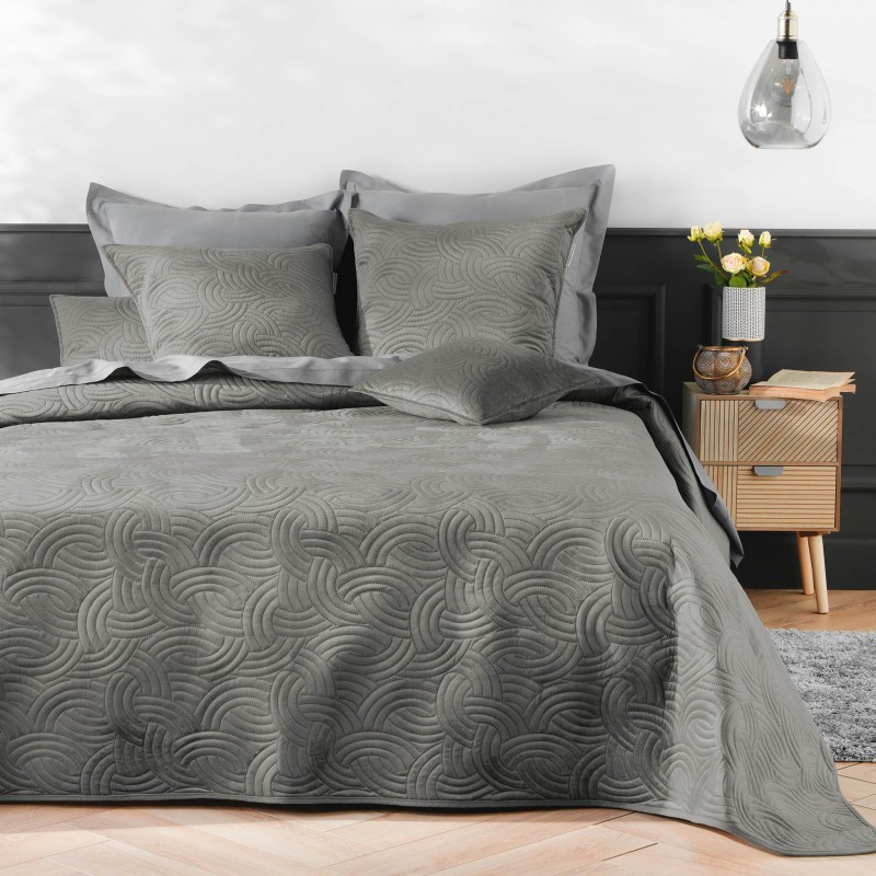 Dessus de lit matelassé GRACE - Velours uni - 220 x 240 cm - Gris