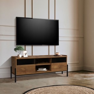 Meuble TV 2 portes Helio en bois et structure métal - Marron et noir