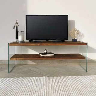 Meuble TV avec 2 étagères en bois de pin et sa structure en verre L.120cm x H.45cm - Marron clair