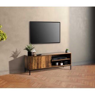 Meuble TV Joya avec 1 porte et 2 niches de rangement - Bois foncé et noir